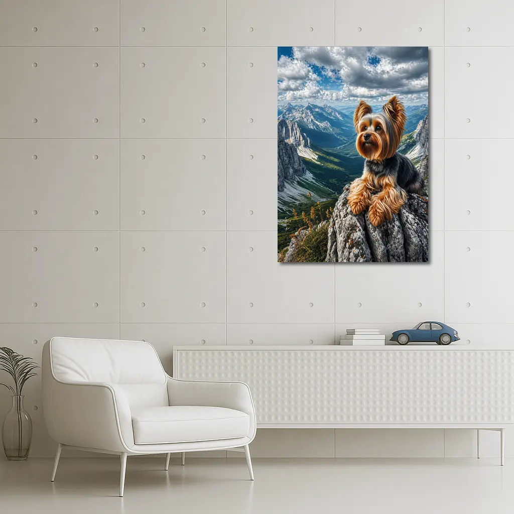 Yorkshire Terrier Sitting on Mountain Rocky Peak – Wall Art