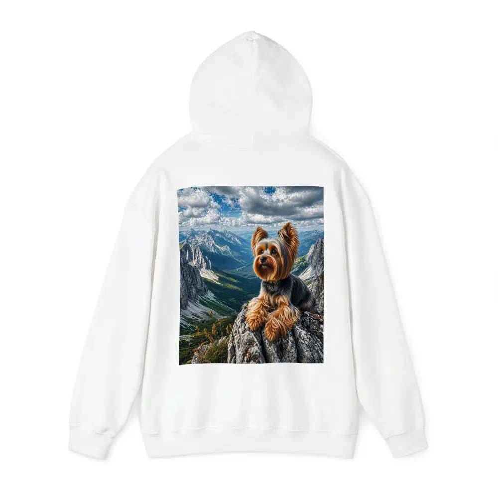 Yorkshire Terrier Sitting on Mountain Rocky Peak – Hoodies