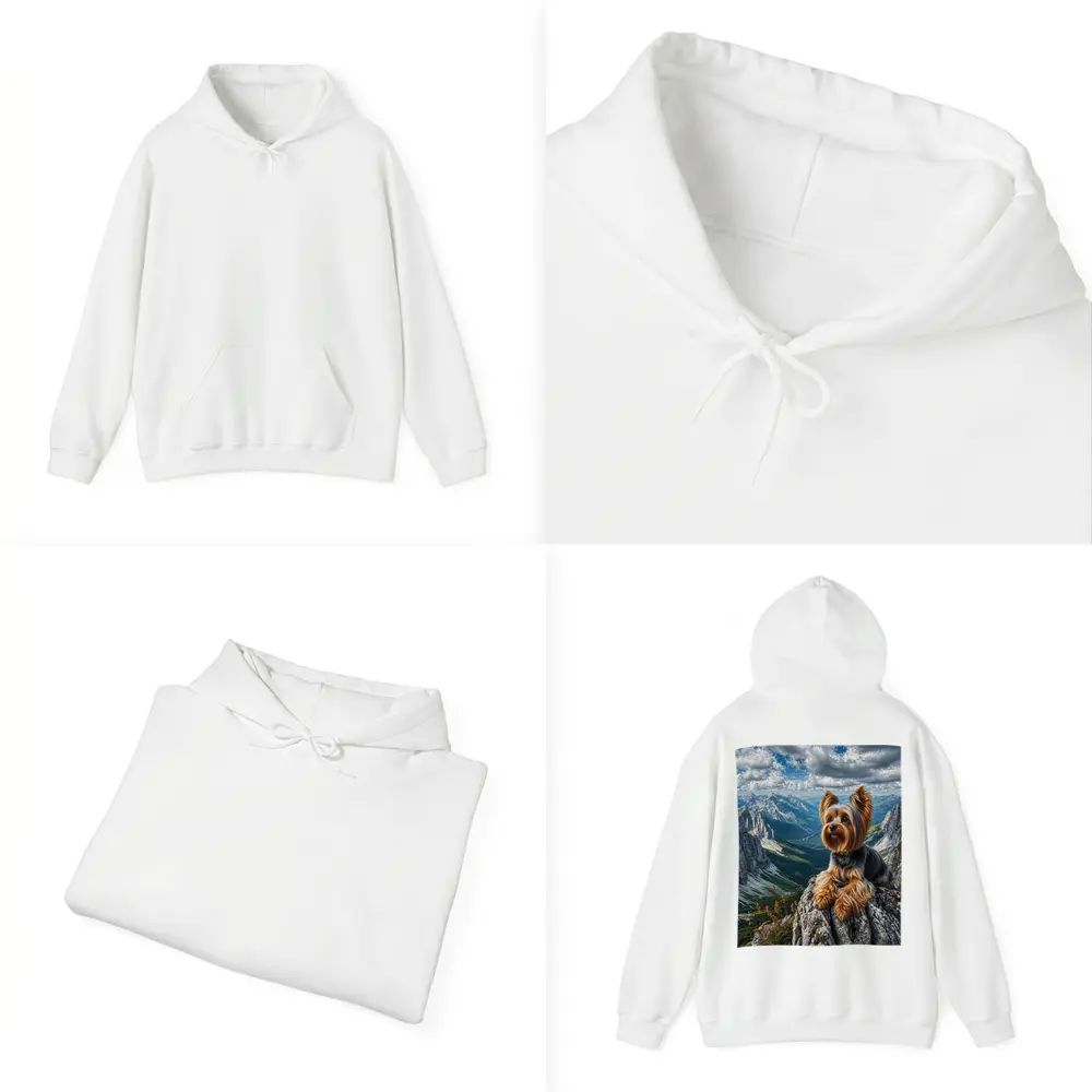Yorkshire Terrier Sitting on Mountain Rocky Peak – Hoodies