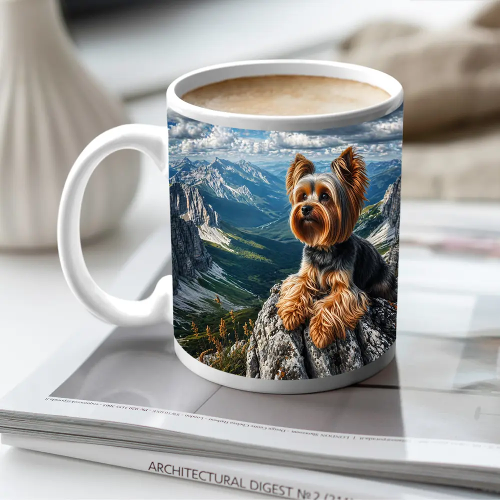 Yorkshire Terrier Sitting on Mountain Rocky Peak – Mugs