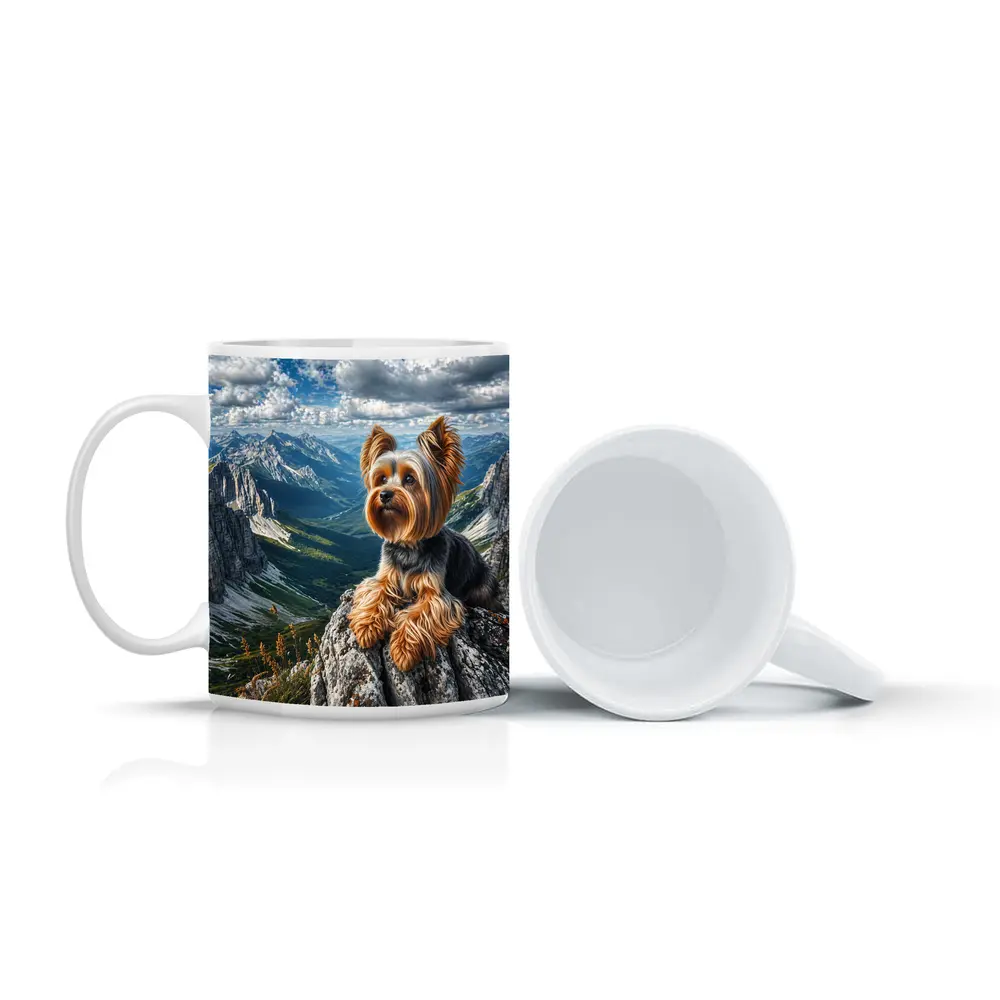 Yorkshire Terrier Sitting on Mountain Rocky Peak – Mugs