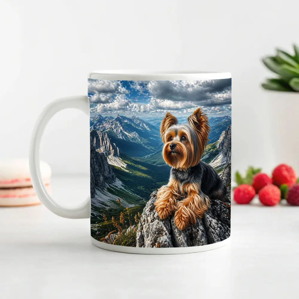 Yorkshire Terrier Sitting on Mountain Rocky Peak – Mugs