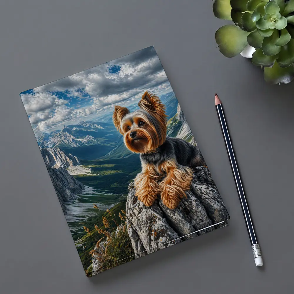Yorkshire Terrier Sitting on Mountain Rocky Peak – Notebooks