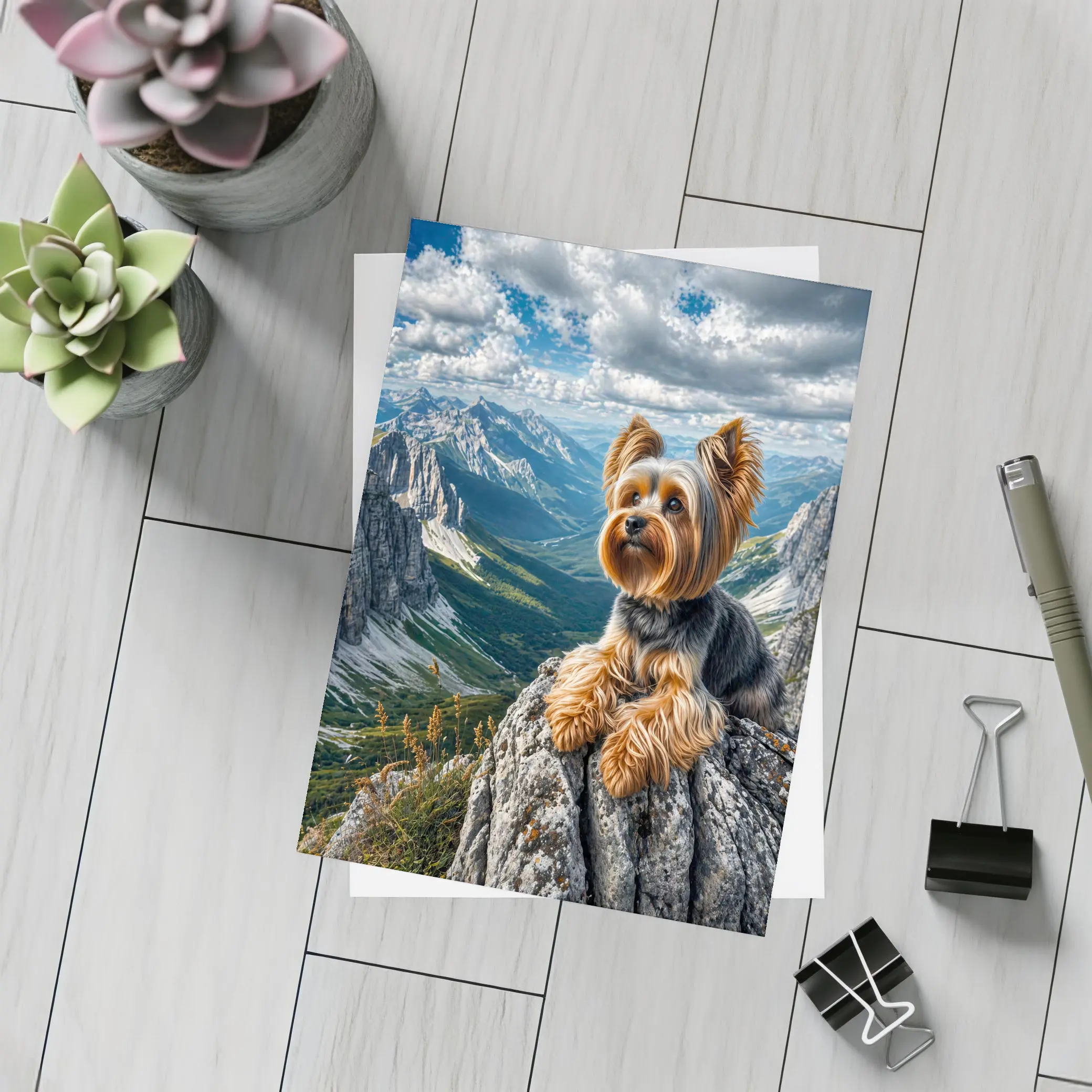 Yorkshire Terrier Sitting on Mountain Rocky Peak – Postcards
