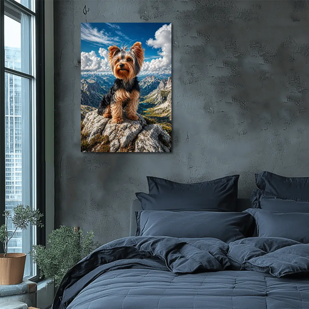 Yorkshire Terrier Standing on Mountain Summit – Wall Art