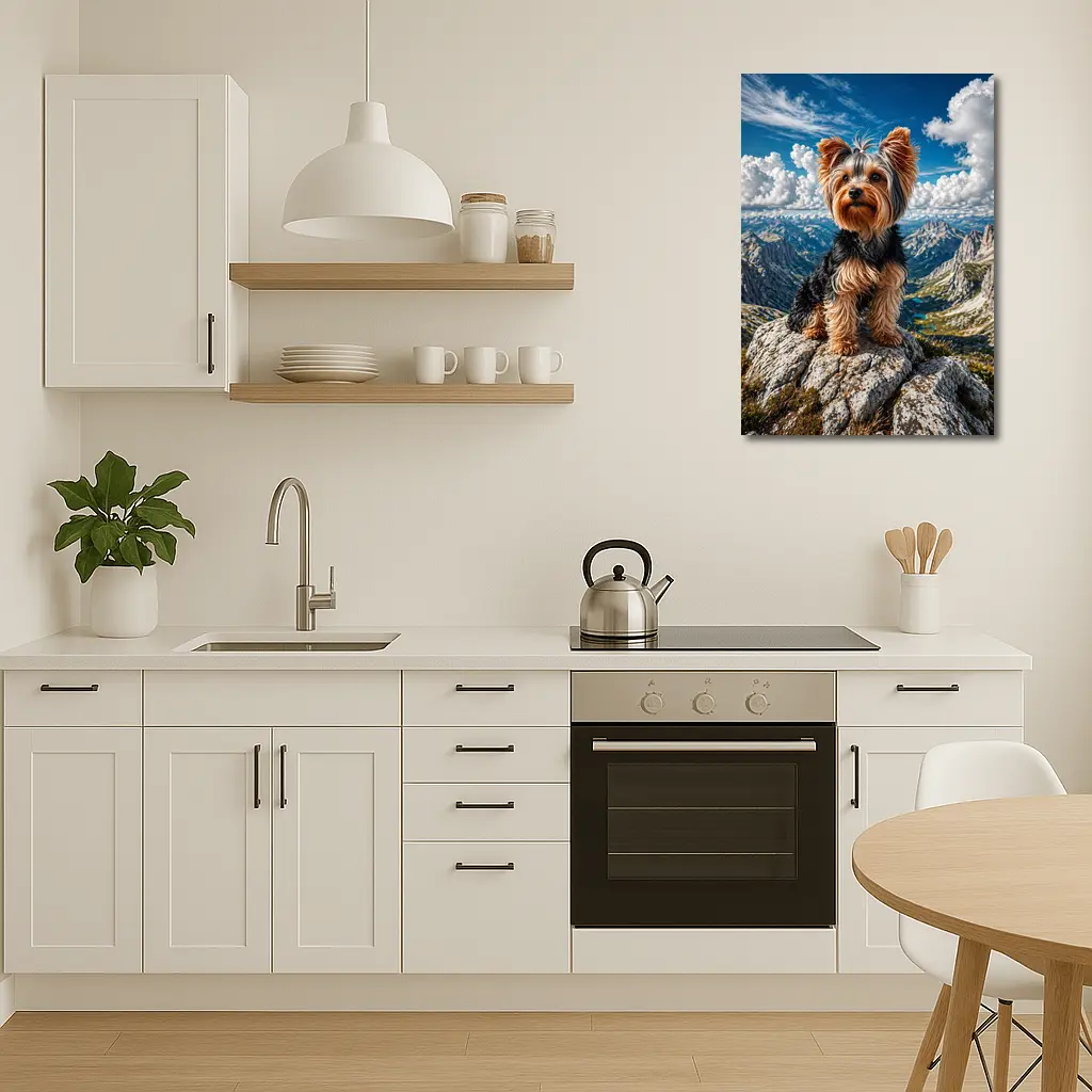 Yorkshire Terrier Standing on Mountain Summit – Wall Art