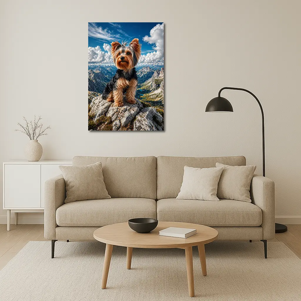 Yorkshire Terrier Standing on Mountain Summit – Wall Art