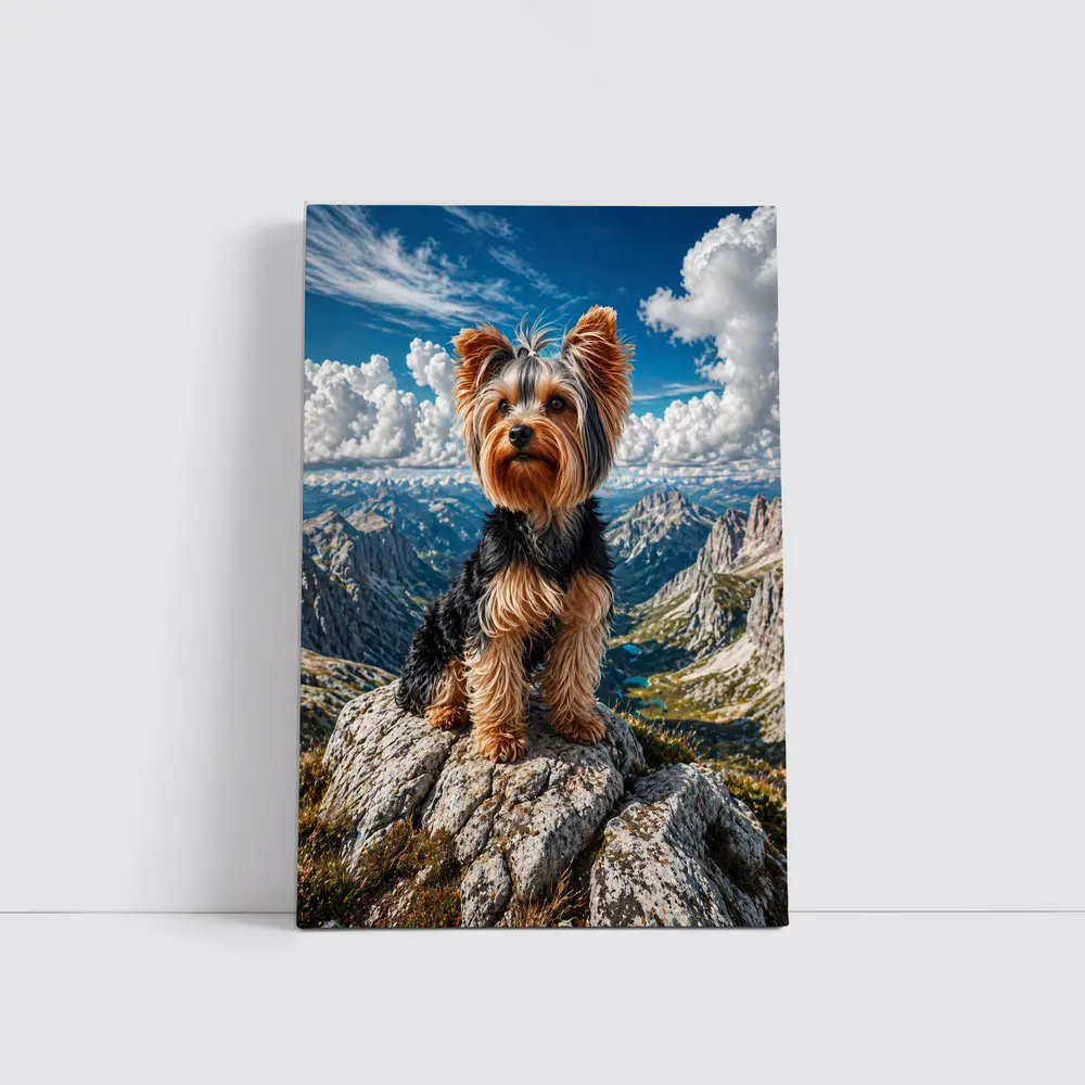 Yorkshire Terrier Standing on Mountain Summit – Wall Art