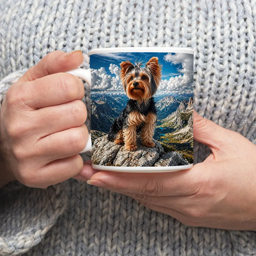 Yorkshire Terrier Standing on Mountain Summit – Mugs