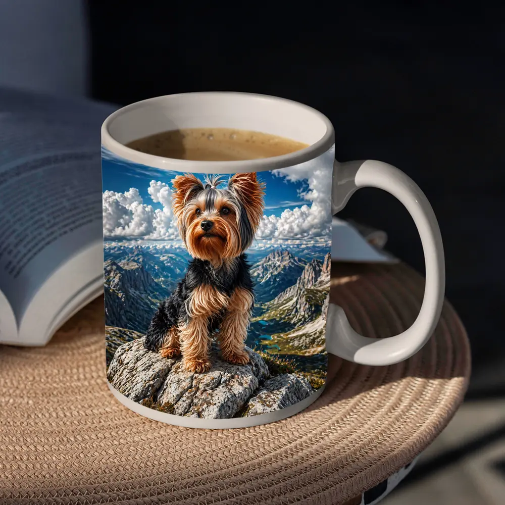Yorkshire Terrier Standing on Mountain Summit – Mugs