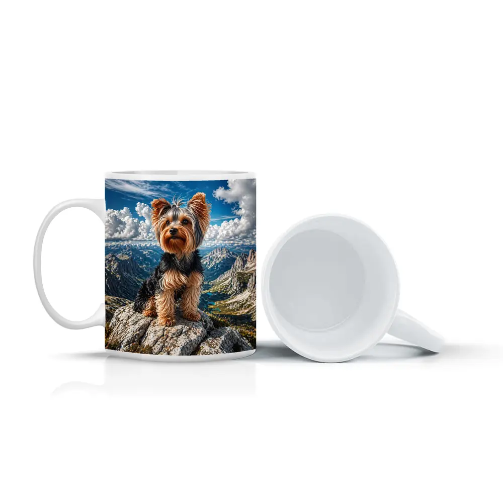 Yorkshire Terrier Standing on Mountain Summit – Mugs