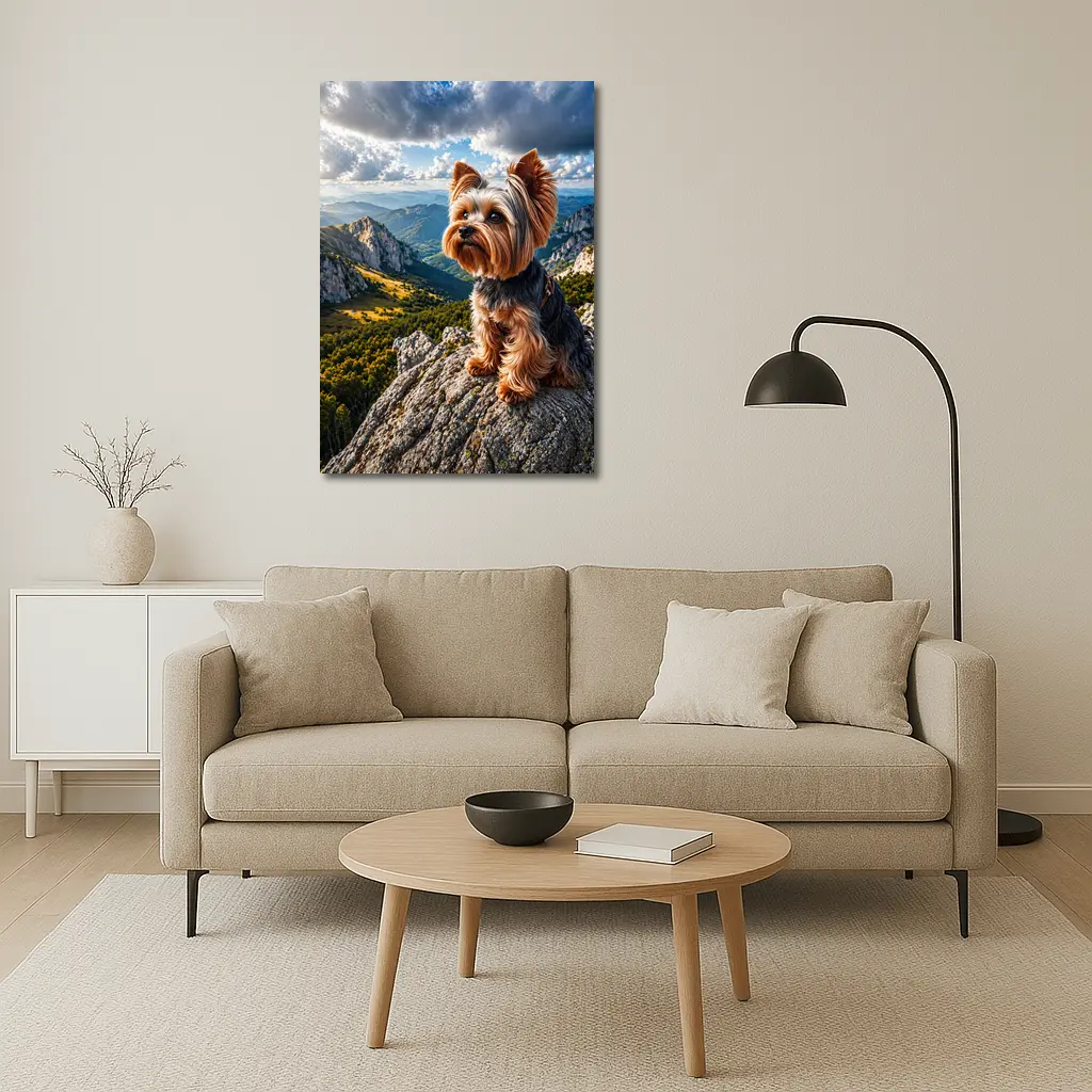 Yorkshire Terrier Sitting on Mountain Rock – Wall Art