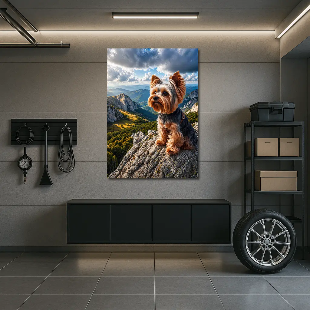 Yorkshire Terrier Sitting on Mountain Rock – Wall Art