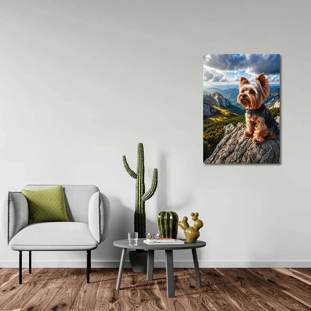 Yorkshire Terrier Sitting on Mountain Rock – Wall Art