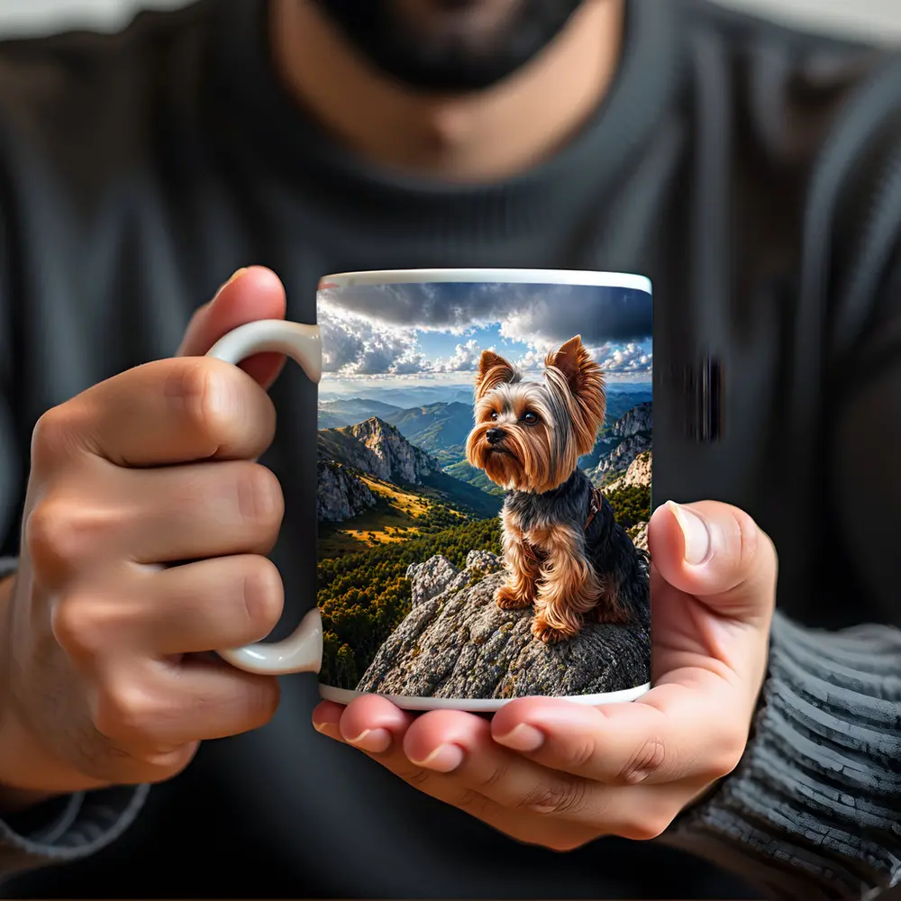 Yorkshire Terrier Sitting on Mountain Rock – Mugs