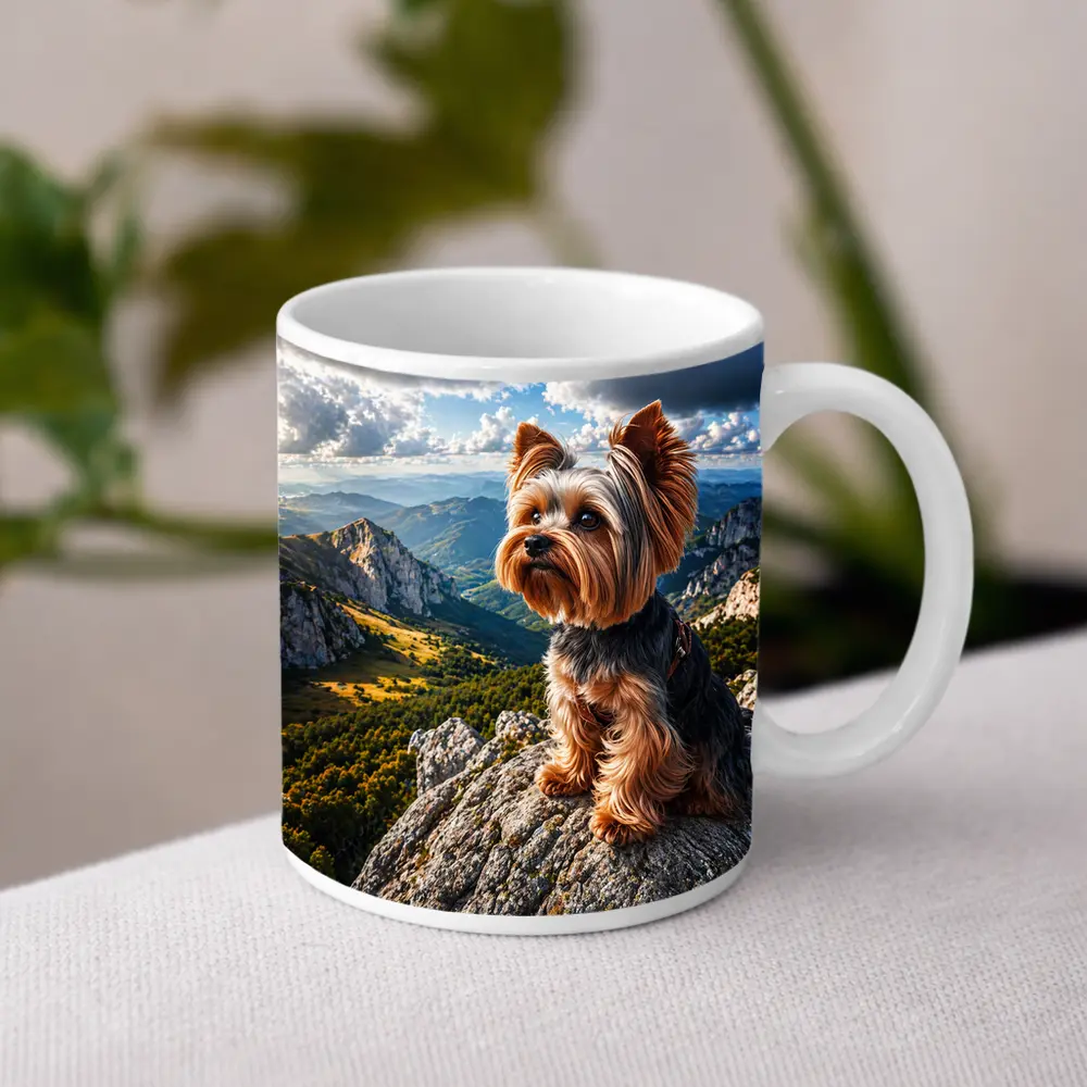 Yorkshire Terrier Sitting on Mountain Rock – Mugs