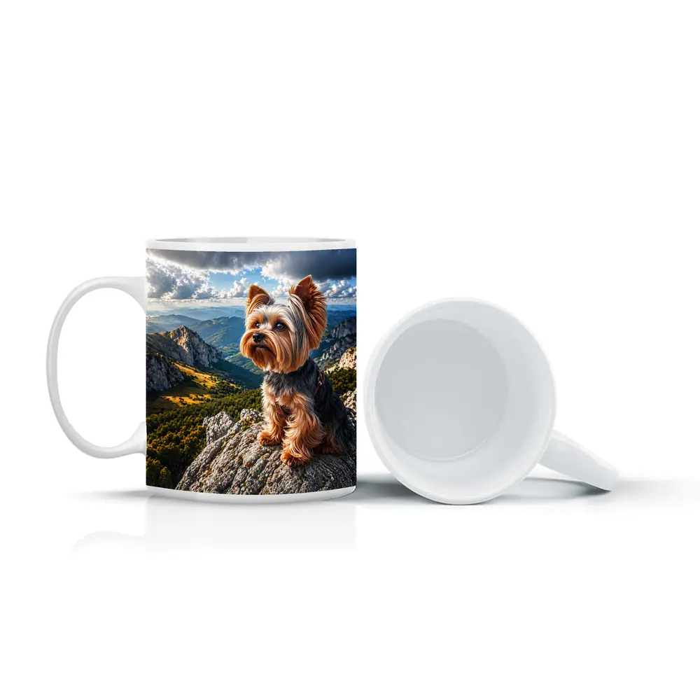 Yorkshire Terrier Sitting on Mountain Rock – Mugs