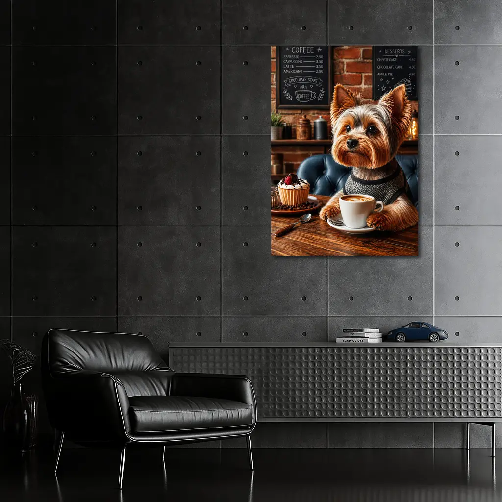 Yorkshire Terrier Drinking Coffee In Cozy Cafe – Wall Art