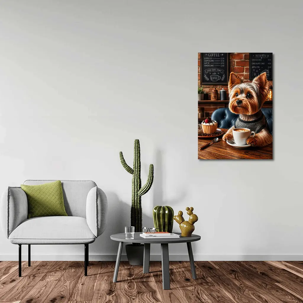 Yorkshire Terrier Drinking Coffee In Cozy Cafe – Wall Art