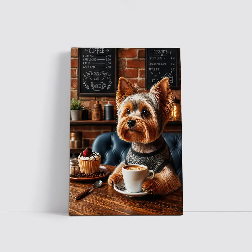 Yorkshire Terrier Drinking Coffee In Cozy Cafe – Wall Art