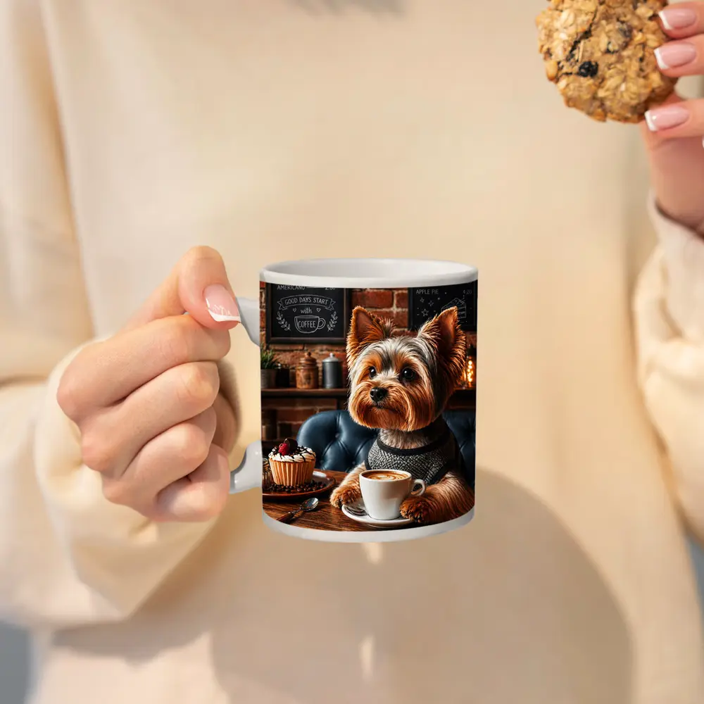 Yorkshire Terrier Drinking Coffee In Cozy Cafe – Mugs