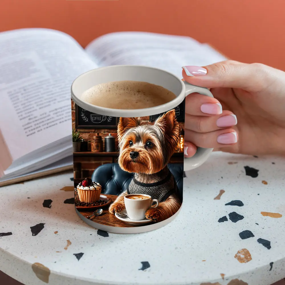 Yorkshire Terrier Drinking Coffee In Cozy Cafe – Mugs