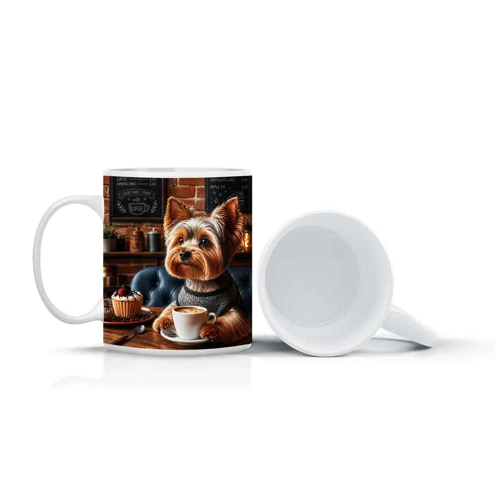 Yorkshire Terrier Drinking Coffee In Cozy Cafe – Mugs