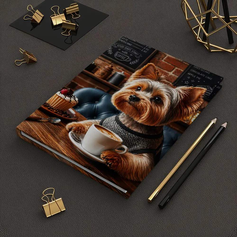 Yorkshire Terrier Drinking Coffee In Cozy Cafe – Notebooks