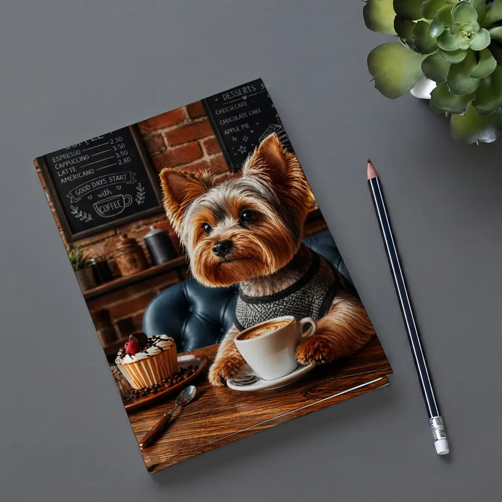 Yorkshire Terrier Drinking Coffee In Cozy Cafe – Notebooks