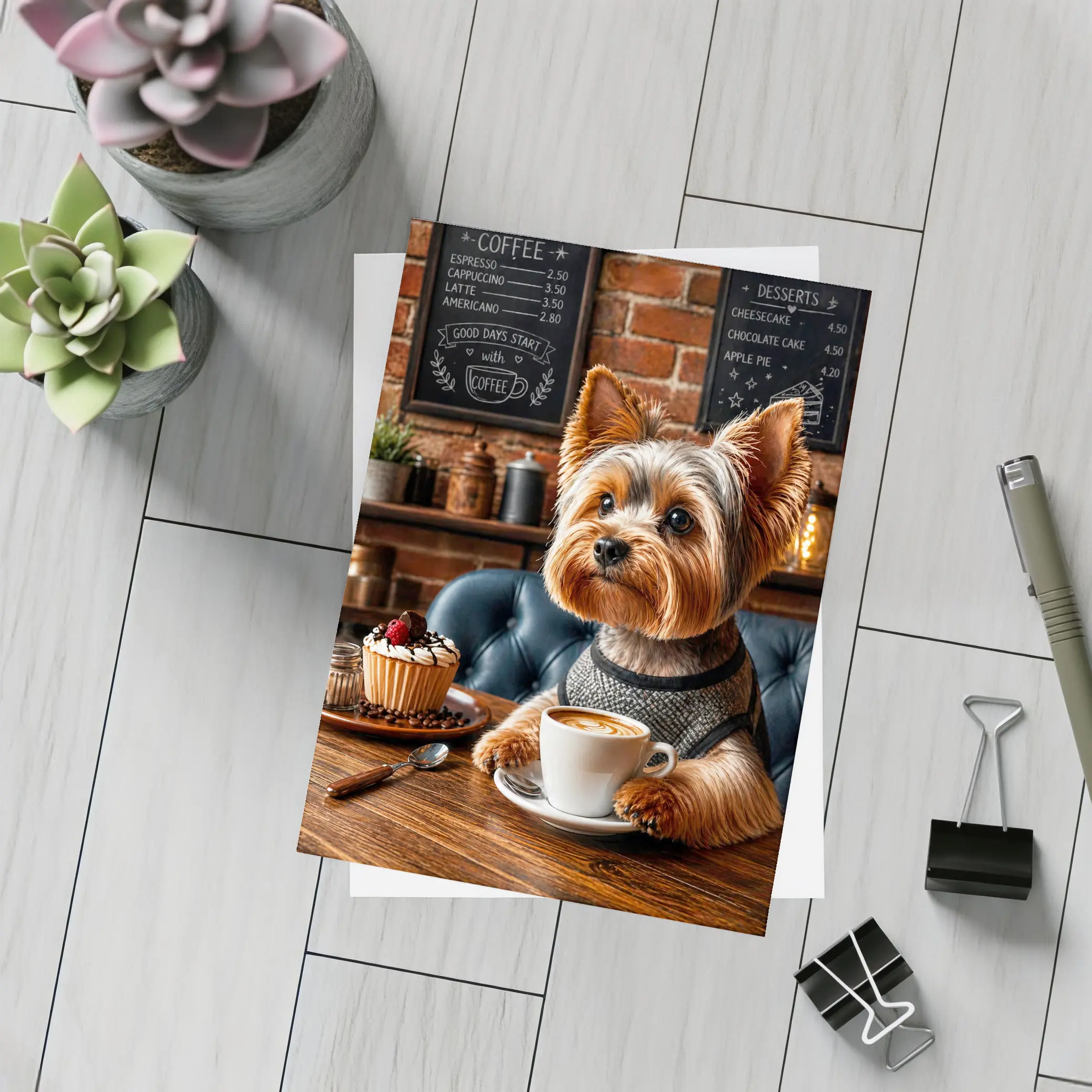 Yorkshire Terrier Drinking Coffee In Cozy Cafe – Postcards