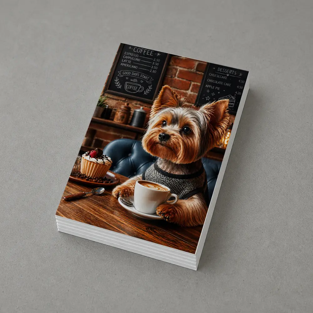 Yorkshire Terrier Drinking Coffee In Cozy Cafe – Postcards