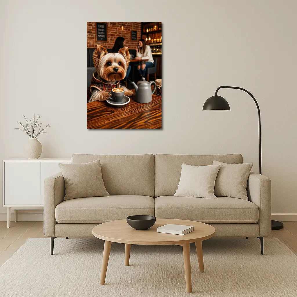 Yorkshire Terrier Enjoying Coffee in Cozy Cafe – Wall Art