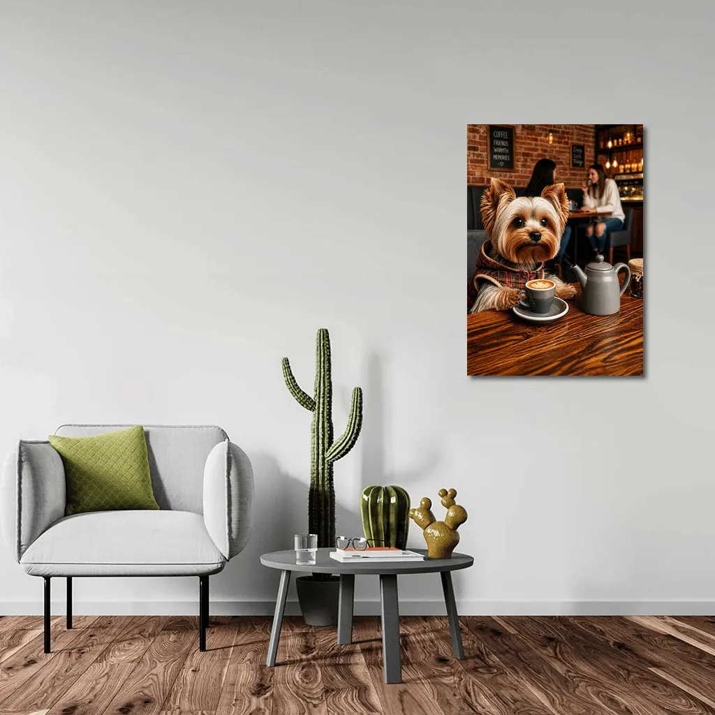 Yorkshire Terrier Enjoying Coffee in Cozy Cafe – Wall Art