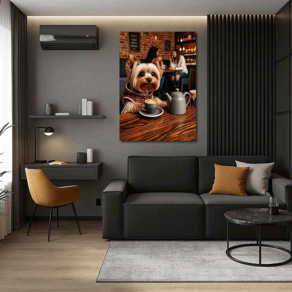 Yorkshire Terrier Enjoying Coffee in Cozy Cafe – Wall Art