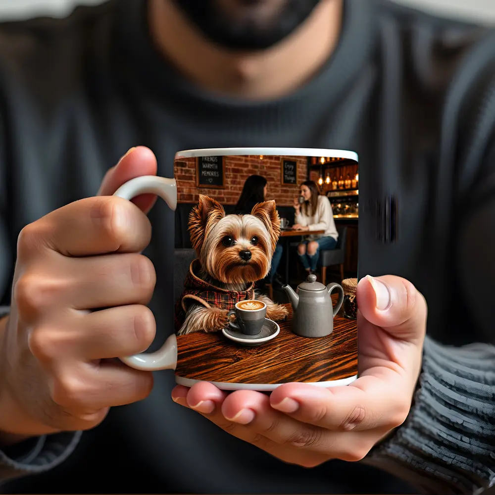 Yorkshire Terrier Enjoying Coffee in Cozy Cafe – Mugs