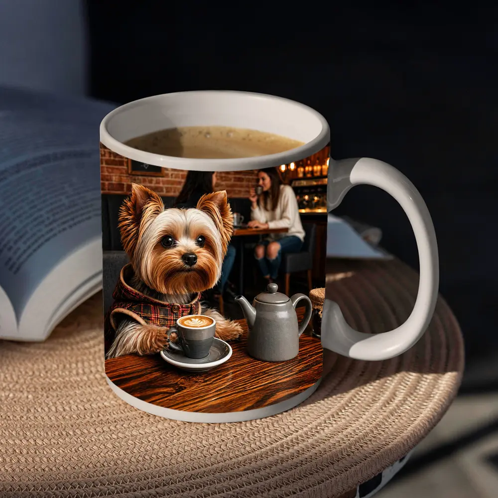 Yorkshire Terrier Enjoying Coffee in Cozy Cafe – Mugs