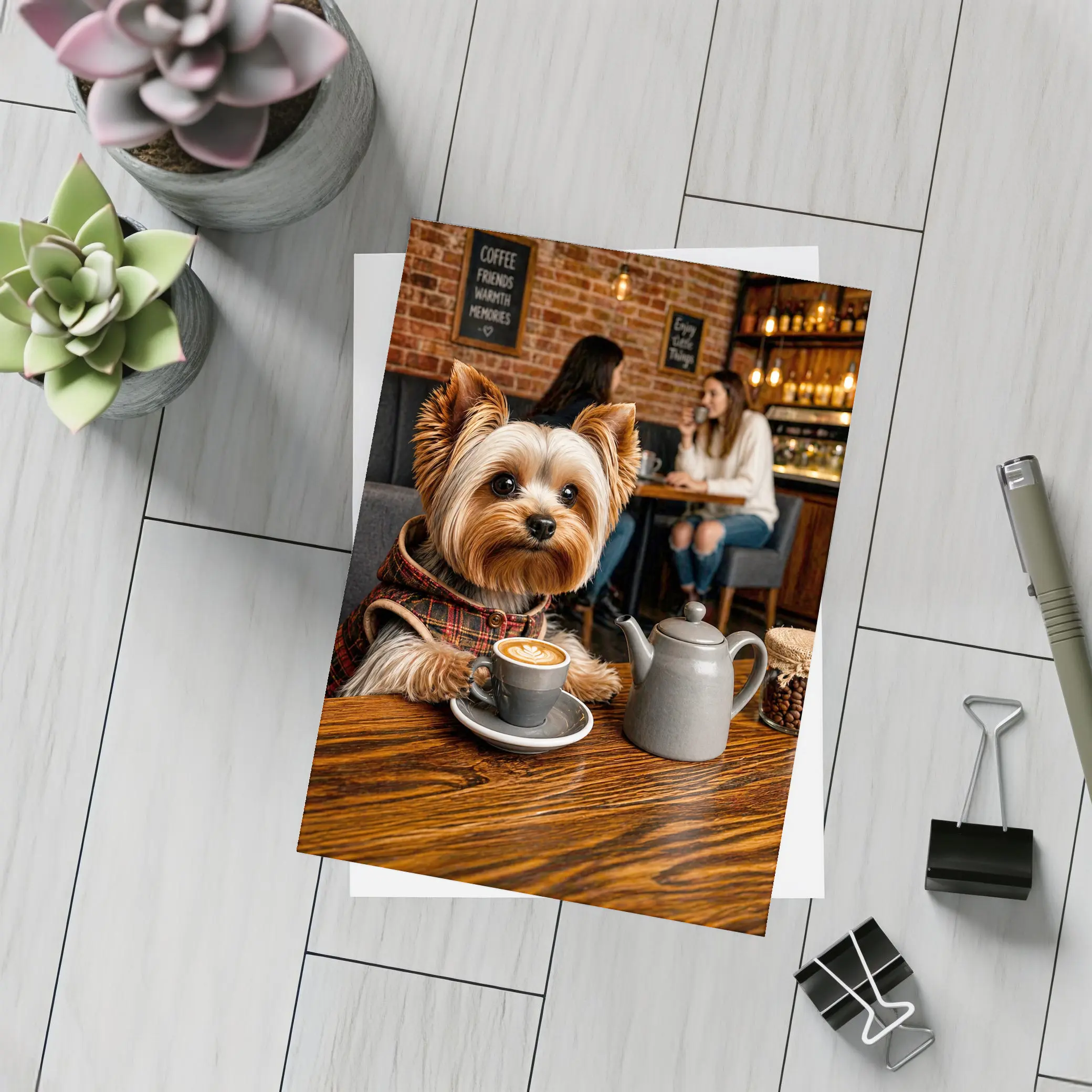 Yorkshire Terrier Enjoying Coffee in Cozy Cafe – Postcards