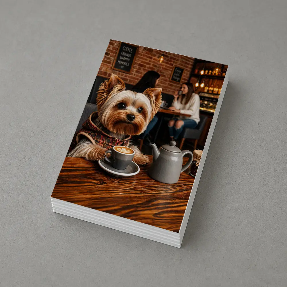 Yorkshire Terrier Enjoying Coffee in Cozy Cafe – Postcards
