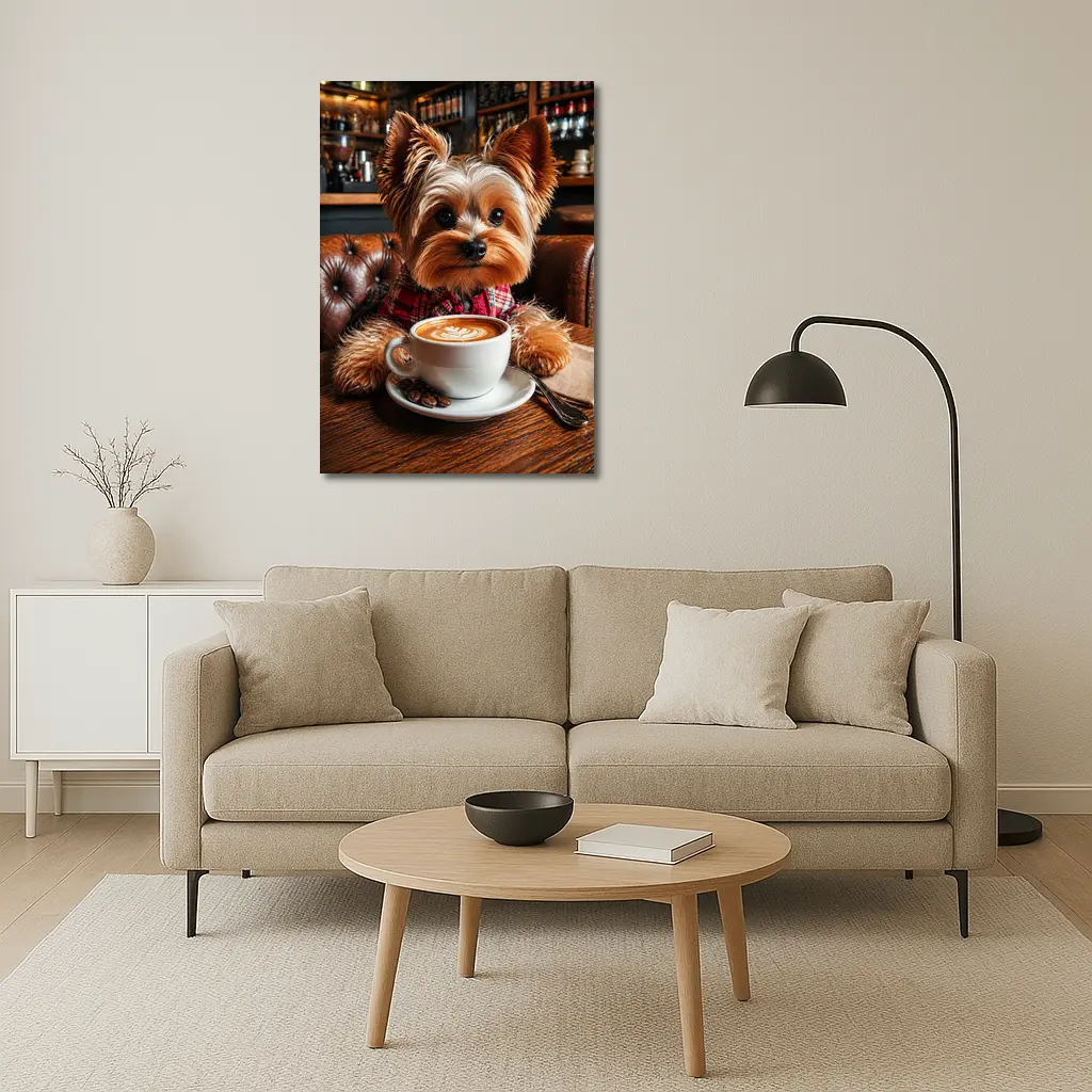 Yorkshire Terrier Drinking Coffee In Cafe – Wall Art