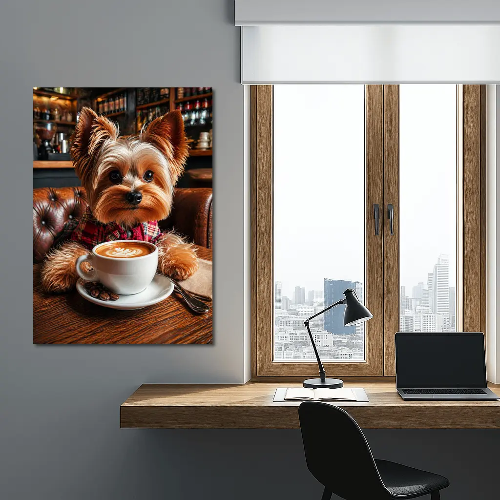 Yorkshire Terrier Drinking Coffee In Cafe – Wall Art