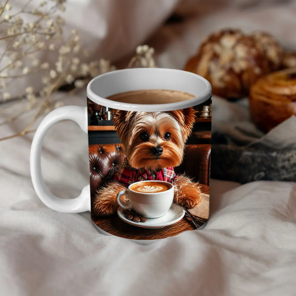 Yorkshire Terrier Drinking Coffee In Cafe – Mugs