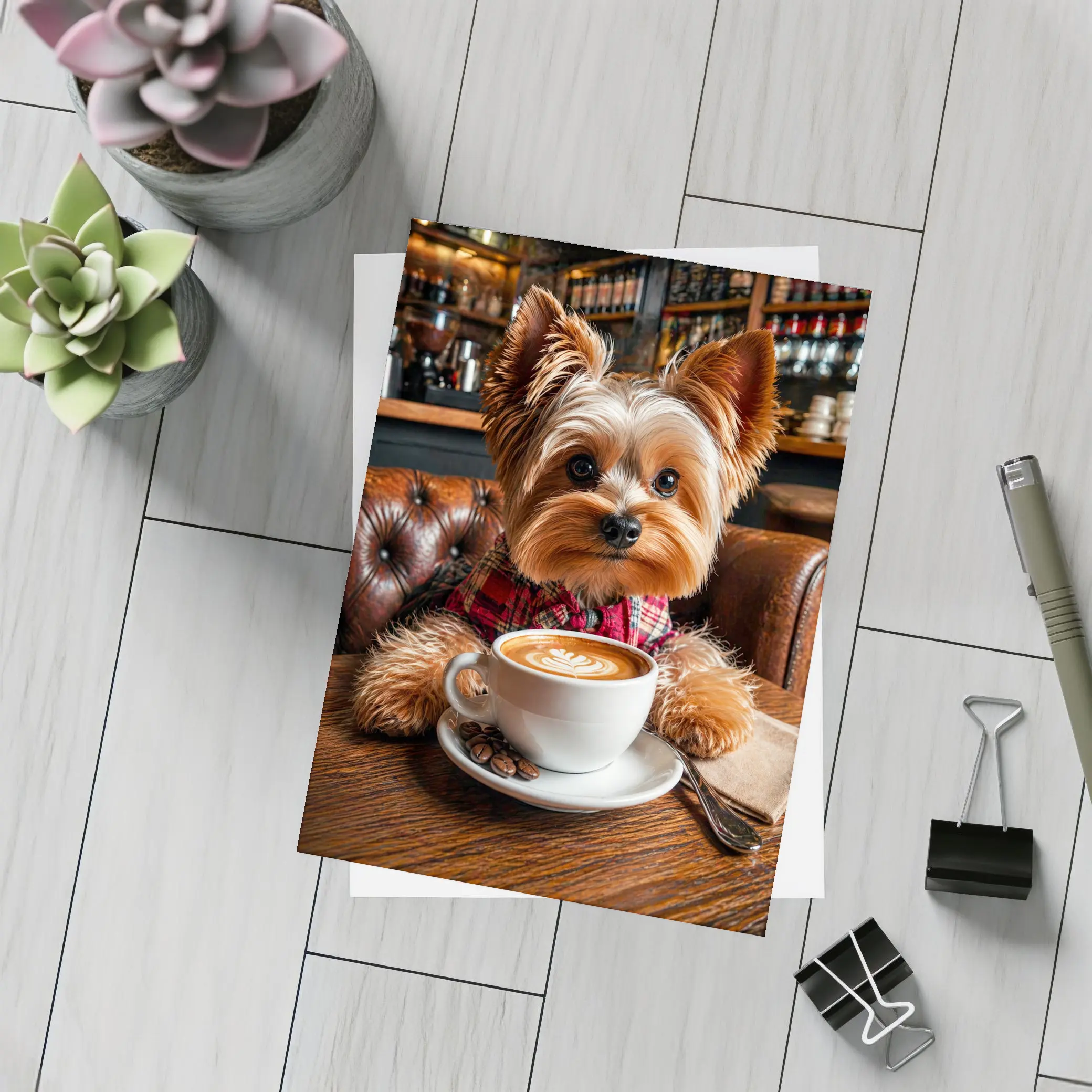 Yorkshire Terrier Drinking Coffee In Cafe – Postcards