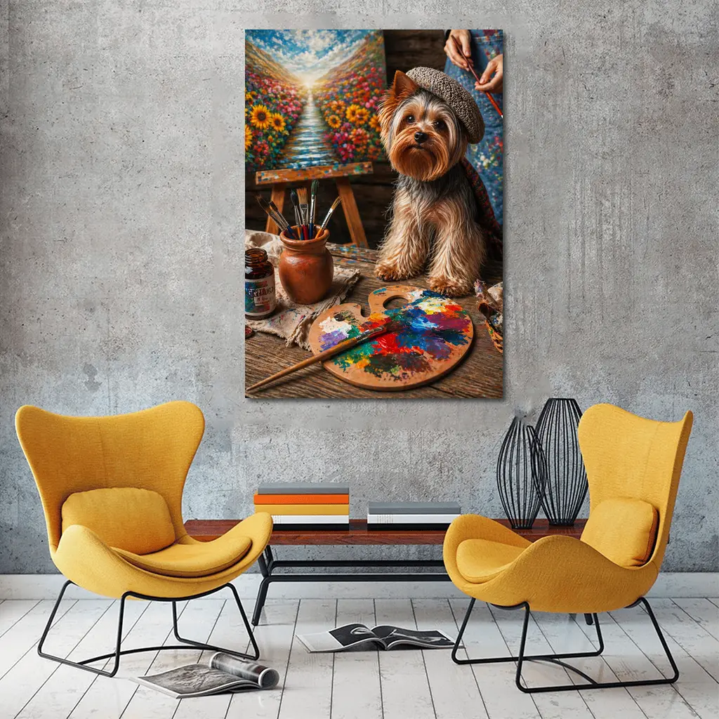 Yorkshire Terrier Artist Beret Colorful Painting Studio – Wall Art