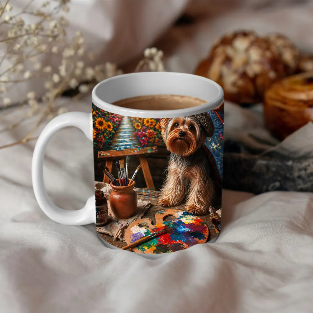 Yorkshire Terrier Artist Beret Colorful Painting Studio – Mugs