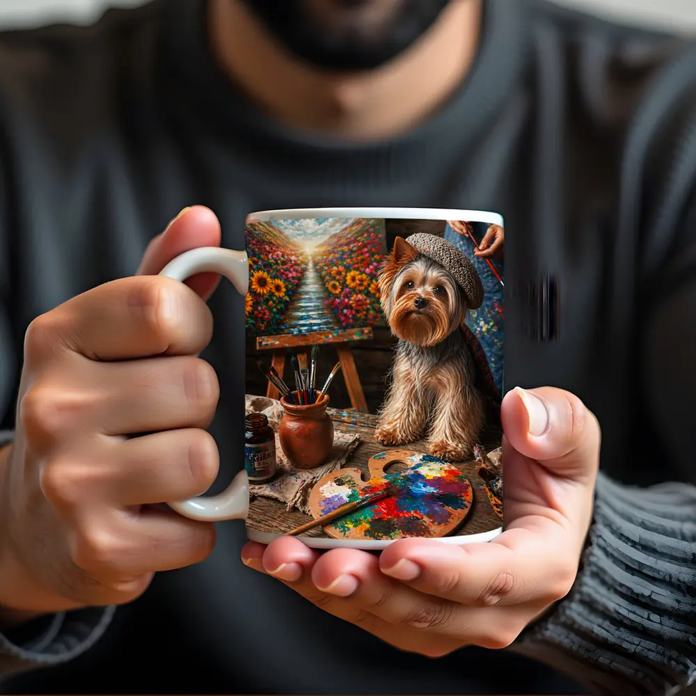 Yorkshire Terrier Artist Beret Colorful Painting Studio – Mugs