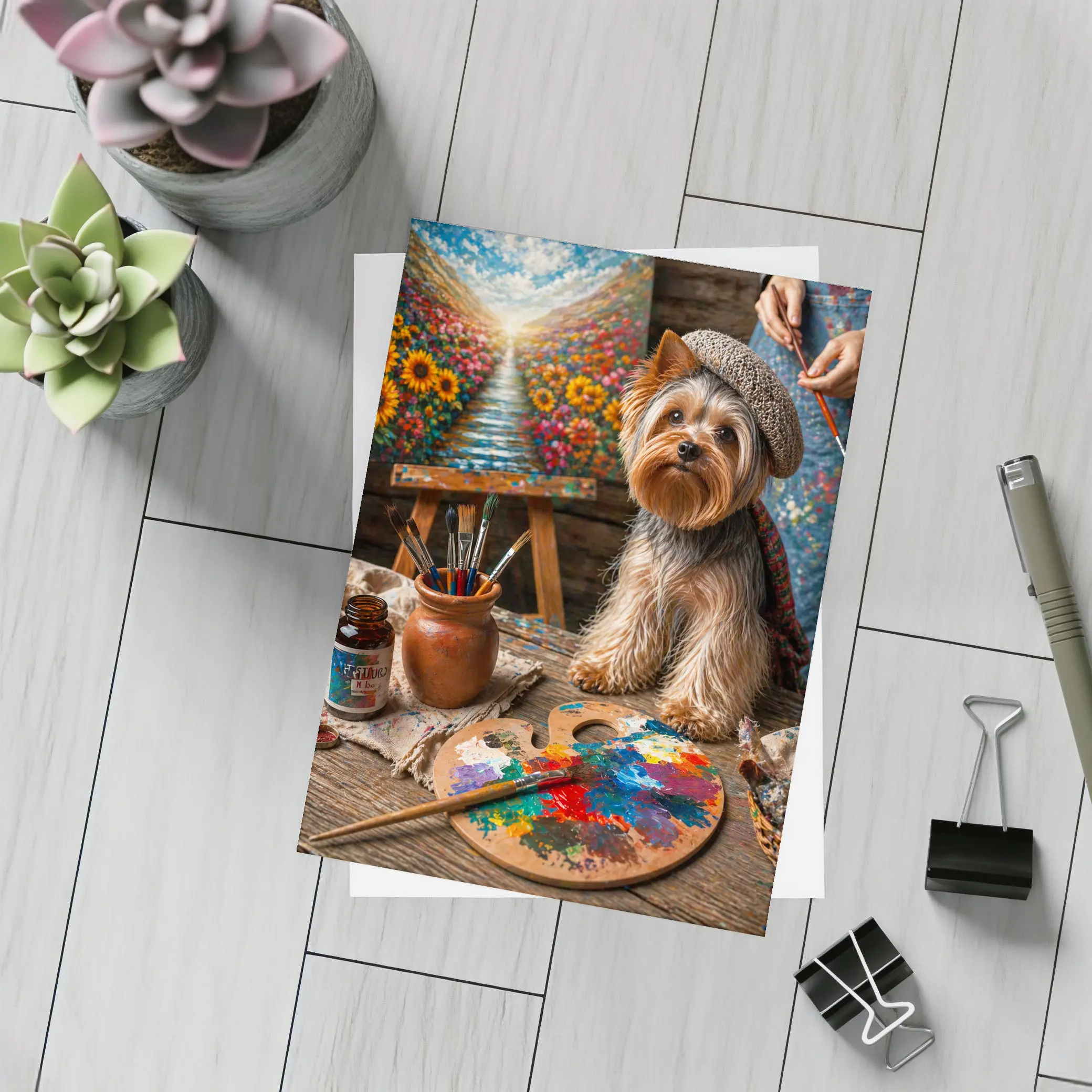 Yorkshire Terrier Artist Beret Colorful Painting Studio – Postcards