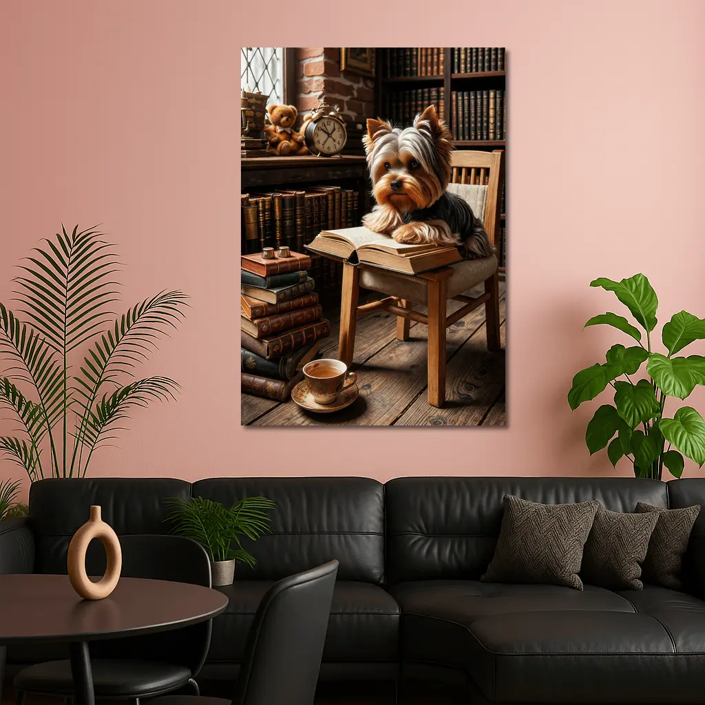 Yorkshire Terrier Reading Books Cozy Library – Wall Art