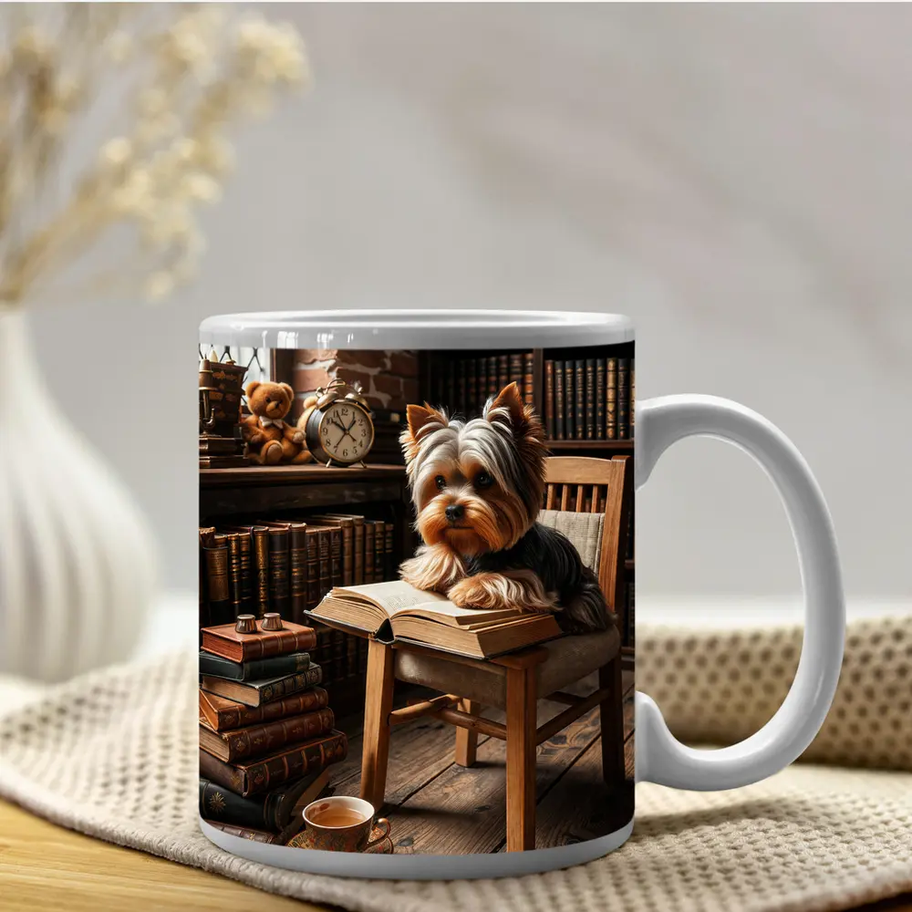 Yorkshire Terrier Reading Books Cozy Library – Mugs