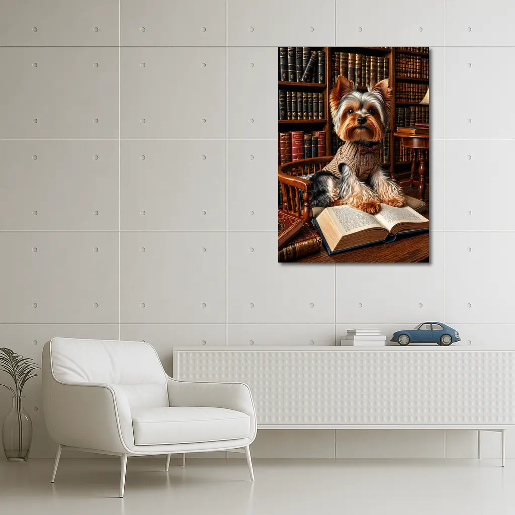 Yorkshire Terrier Reading Books in Library – Wall Art