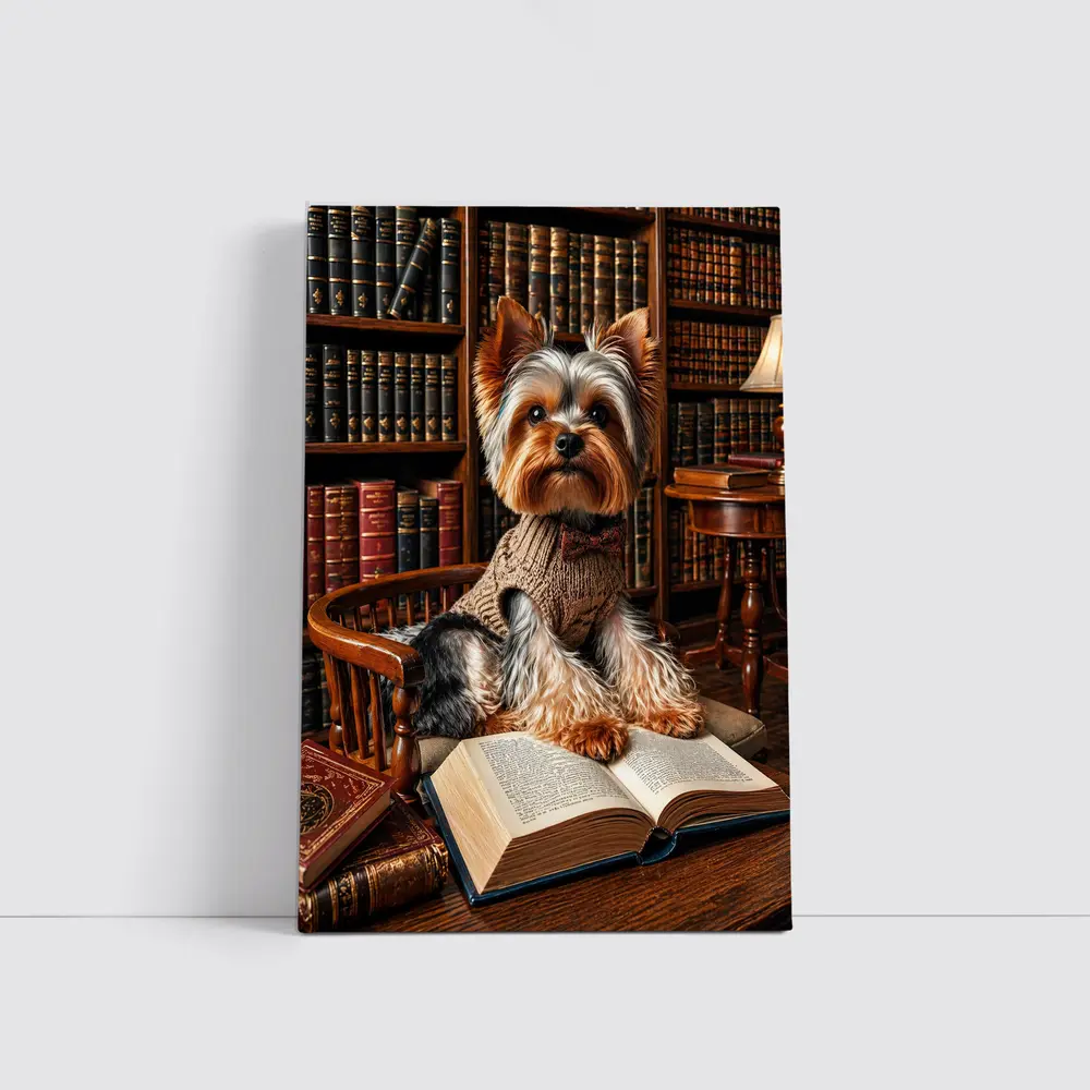 Yorkshire Terrier Reading Books in Library – Wall Art